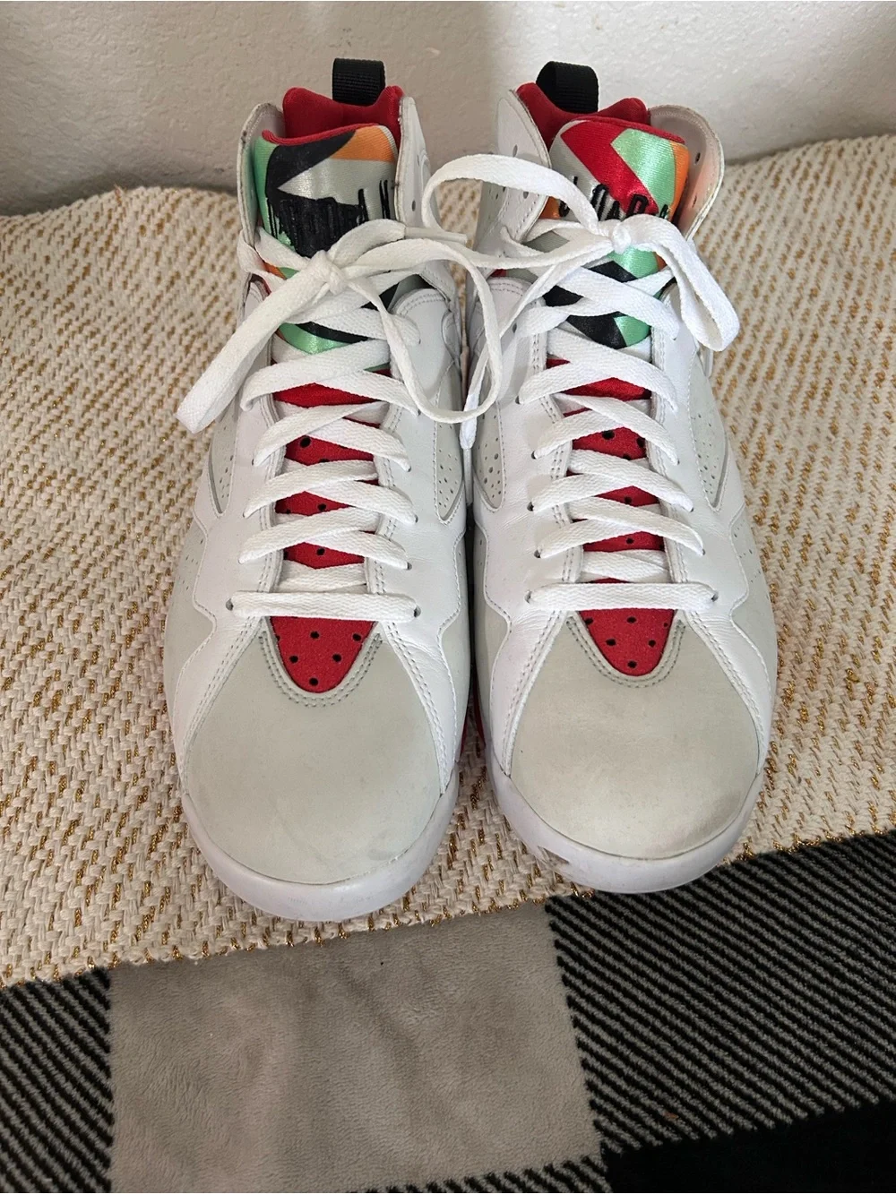 Jordan White High-Tops with Red and Metallic Green Accents